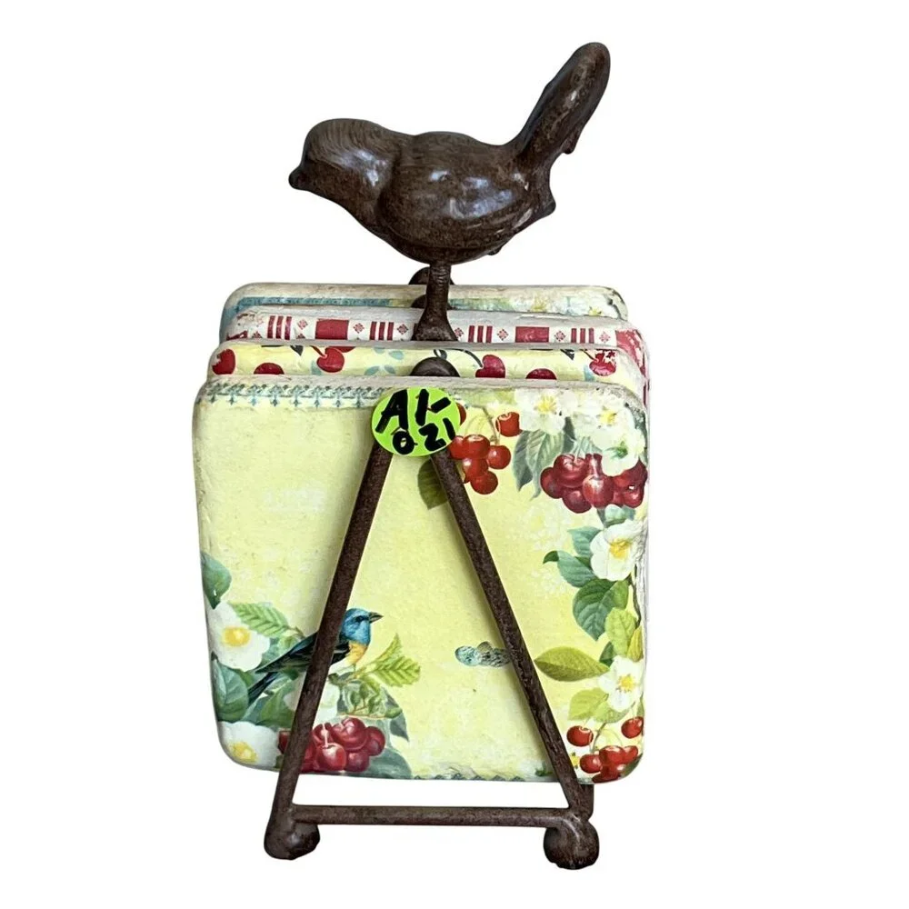 Terri Conrad Vintage Rock Art Set Rustic Metal Stand Butter Yellow Red Artsy